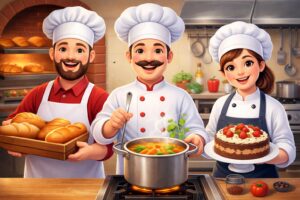 Εκπαιδευτικό παιχνίδι επαγγέλματα για παιδιά 3–8 ετών με παιχνίδι ρόλων φούρναρη, ζαχαροπλάστη και μάγειρα, που ενισχύει λόγο, συνεργασία και φαντασία.